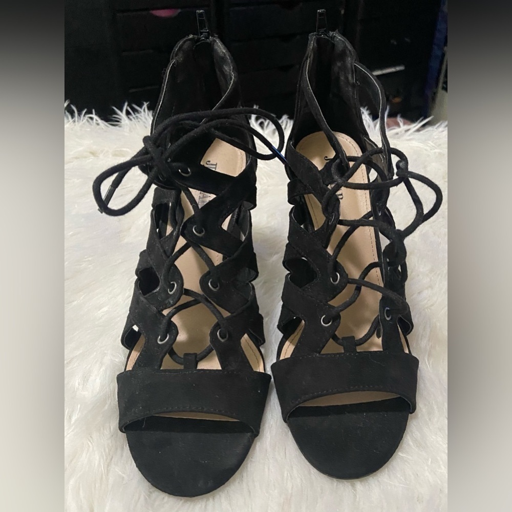 Just Fab 4Inch LaceUp Black Heels - Picture 3 of 5